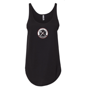 Front view of a black TRLT festival tank top with circular chest logo